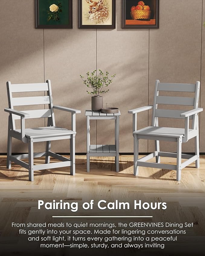 GREENVINES Patio-Chair | Outdoor Dining Chairs Set of 2 | HDPE Plastic | Removable Armrests | All Weather | for Backyard Deck Poolside Garden | White