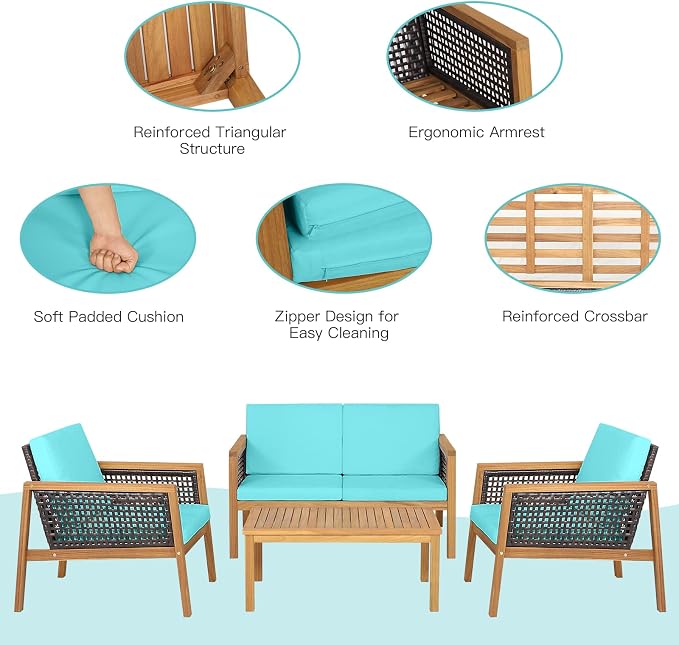 8 Pieces Outdoor Acacia Wood Furniture Set, Outdoor PE Wicker Conversation Set with Coffee Table and Soft Cushions, Outdoor Sofa Set for Garden, Poolside and Backyard