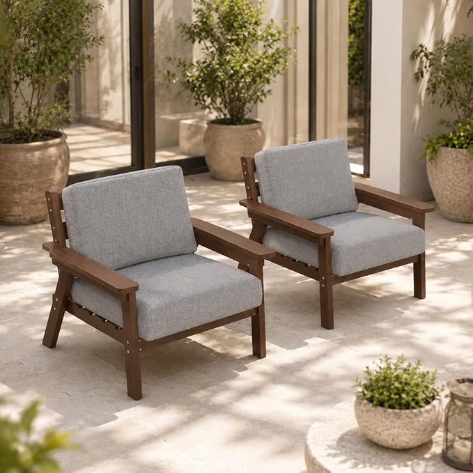 2 Piece HDPE Outdoor Furniture Set with Gray Cushions (Brown Frame) | All-Weather HDPE, Modular Design, Extra-Deep Seating, Thick Cushions, Ideal for Backyard, Deck & Porch