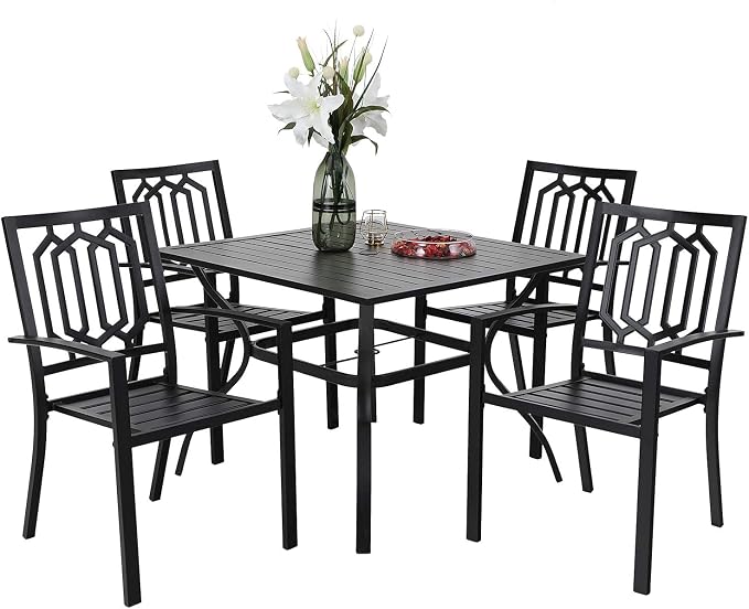 PHI VILLA 5-Piece Metal Patio Outdoor Table and Chairs Dining Set- 37" Square Bistro Table and 4 Backyard Garden Chairs, Table with 1.57" Umbrella Hole