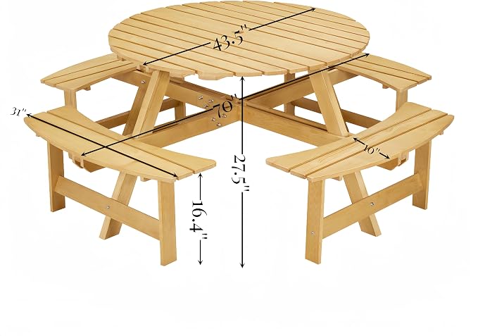 JOYBASE 8-Person Wooden Picnic Table, Outdoor Round Table with Built-in Benches and Umbrella Hole, Picnic Table Bench Set for Patio, Backyard, Garden (Natural)