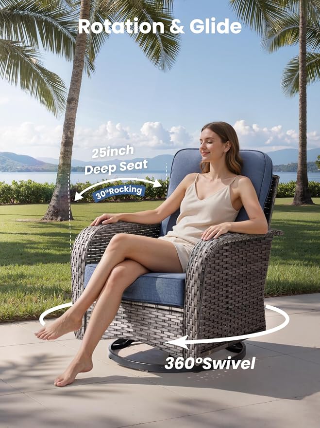5-Piece Outdoor Patio Furniture Set with Swivel Chairs, Outdoor Conversation Wicker Sofa with Coffee Table, Rattan Couch for Deck Yard Poolside, Blue