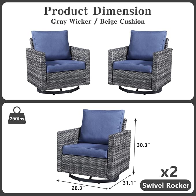 Belord Wicker Chairs Outdoor Bistro Set Oversize Patio Swivel Rocker, Rattan Outdoor Seating Set of 2 Swivel Glider Chairs Wicker Furniture for Porch Deck Backyard with Water-Resistant