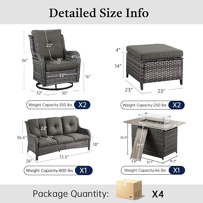 Patio Furniture Set with 41" Fire Pit Table - High Back Patio Conversation Set with 4 Inch Thick Cushions and Deep Seating Swivel Glider Chairs & Outdoor Couch for Porch Deck Yard Pool Brown