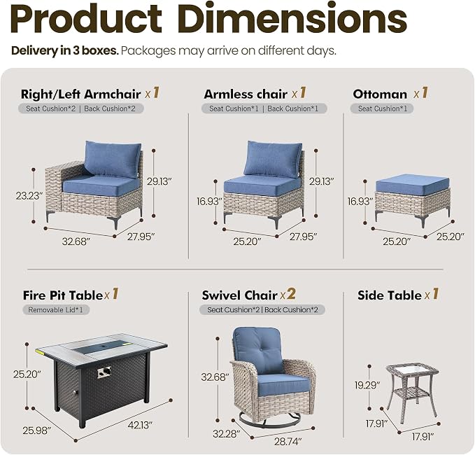 8-Piece Wicker Outdoor Sectional Furniture with Firepit Table, Wide Armrest Patio Couch Set Swivel Rocking Chair Ottoman, Modern Modular Conversation Sets for Backyard Deck Garden, Denim Blue