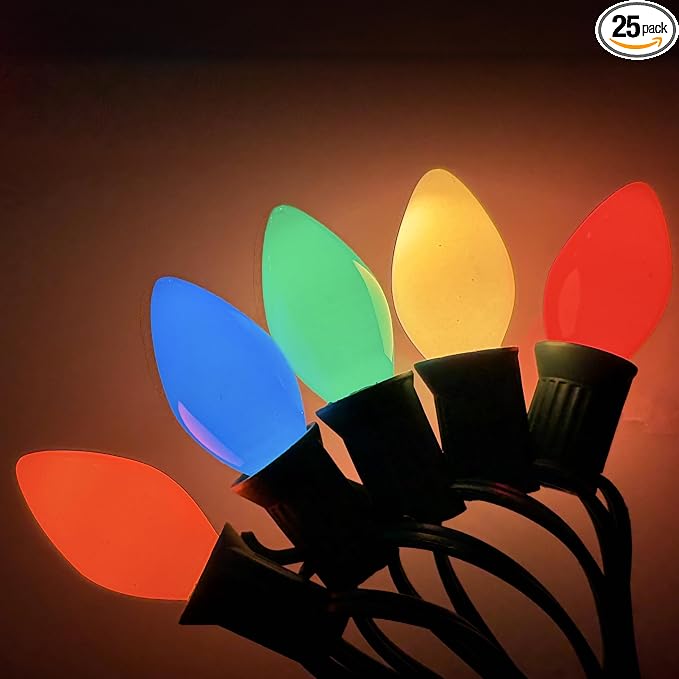 C7 LED Multicolor Christmas Lights, 26Ft Vintage Outdoor Christmas String Lights with 27 Colorful Ceramic LED Bulbs, Connectable Hanging Lights for Holiday Party Backyard Roofline House Xmas Decor