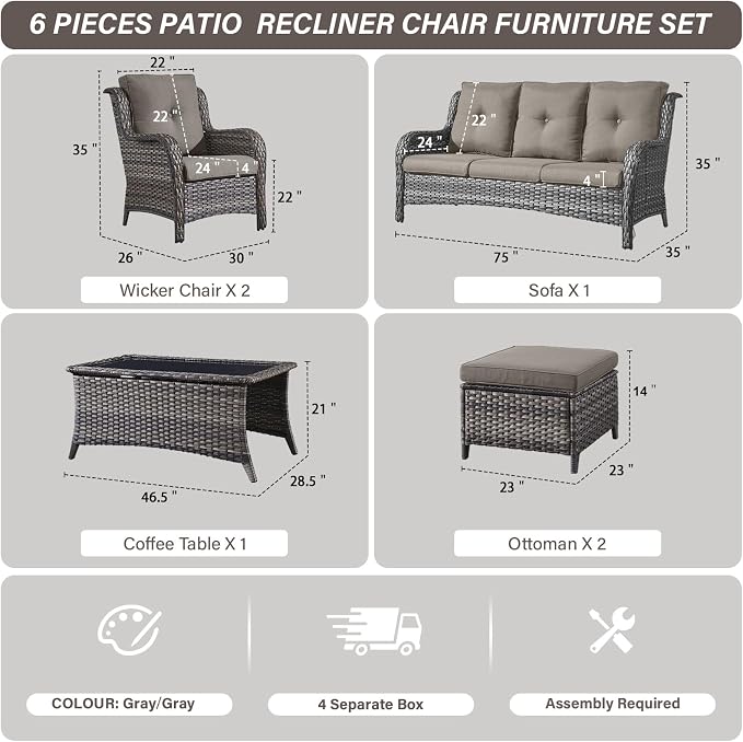 Belord Patio Wicker Sofa Set 6 Pieces Patio Furniture Set Outdoor Couch, 2 Patio Wicker Chairs with 1 Sofa, Coffee Table and Ottomans, Patio Conversation Set for Porch Garden Deck Balcony Poolside