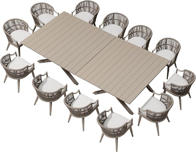 PURPLE LEAF 14 Pieces Outdoor Dining Set All Weather Wicker Patio Dining Set with Rectangular Aluminum Table and Modern Armrest Dining Chairs for Garden Deck Backyard Kitchen, Champagne
