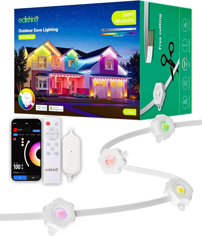 EDISHINE 100FT IP67 Waterproof Smart Permanent Outdoor Lights, RGBIC | APP/Voice/Remote Control, 111+ Scene Modes, Cuttable LED Stripe Lights for Party Decor & Festive Celebrations