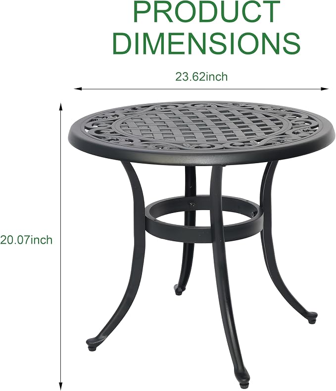 24" Cast Aluminum Side Table Outdoor End Table All Weather Patio Round Table Small Bistro Table for Garden,Balcony,Pool,Black