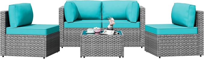 Patio Furniture Sets, 5 Piece Outdoor Sectional Sofas, Wicker Rattan Outdoor Furniture Patio Conversation Set, All-Weather PE Rattan Outdoor Couch for Backyard, Garden, Gray & Blue