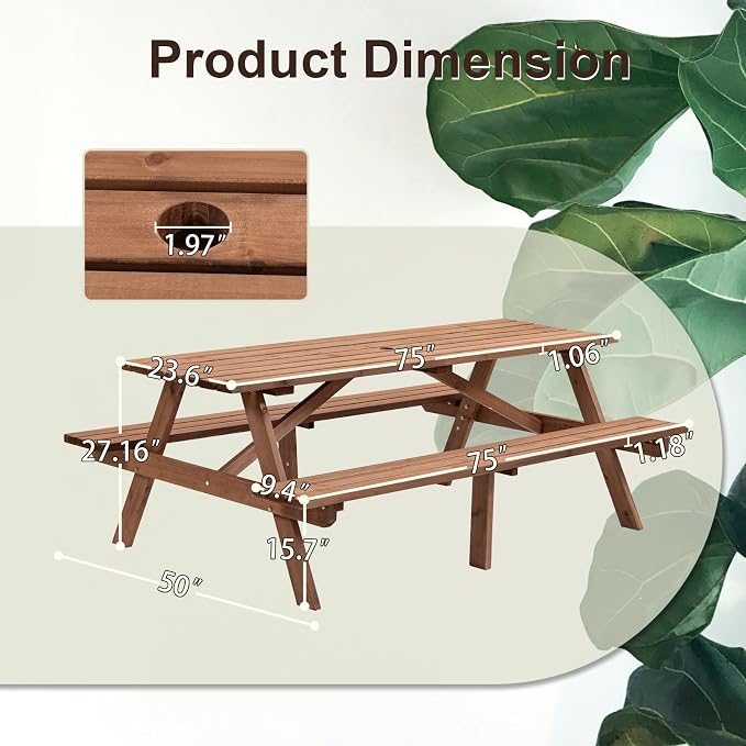 Outdoor Wooden Picnic Table with Benches and Umbrella Hole, Rustic Style Wood Picnic Table Bench Set for 6 or 8 Person for Backyard, Porch, Patio, and Deck, Brown