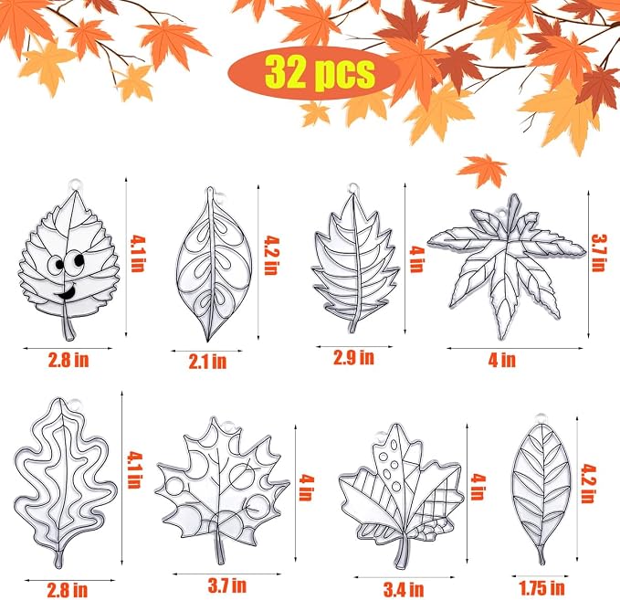 AUEKIV Suncatcher Kit 32 Sets Fall Leaf Suncatchers Window Art Paint Sun Catcher DIY Craft Kits Autumn Maple Leaf Sun Catchers Bulk for Thanksgiving Harvest Party Art Project Decoration