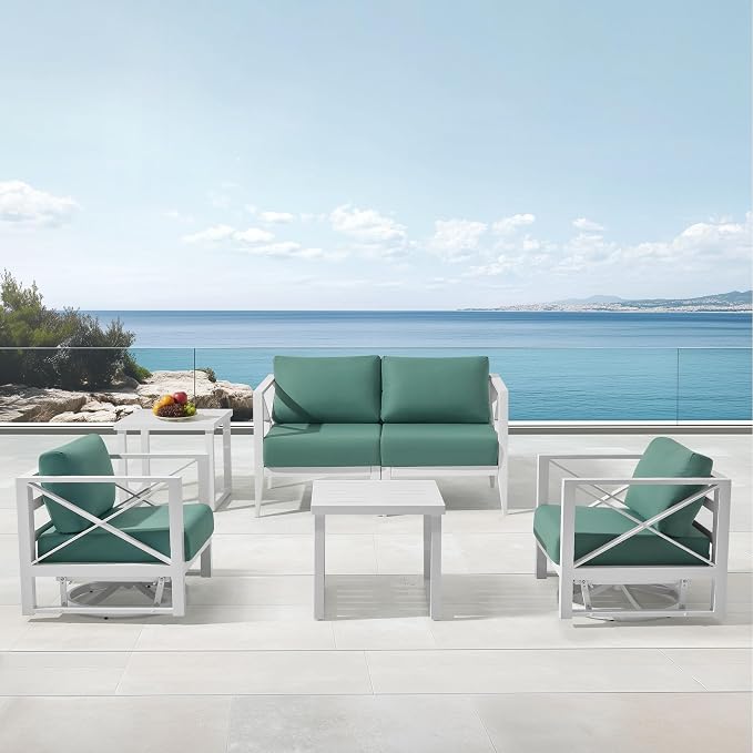 Patio Furniture Set with Swivel Rocking Chairs & Coffee Table – 4-Seat Aluminum Outdoor Conversation Set, Weather-Resistant for Balcony, Poolside, Garden – White