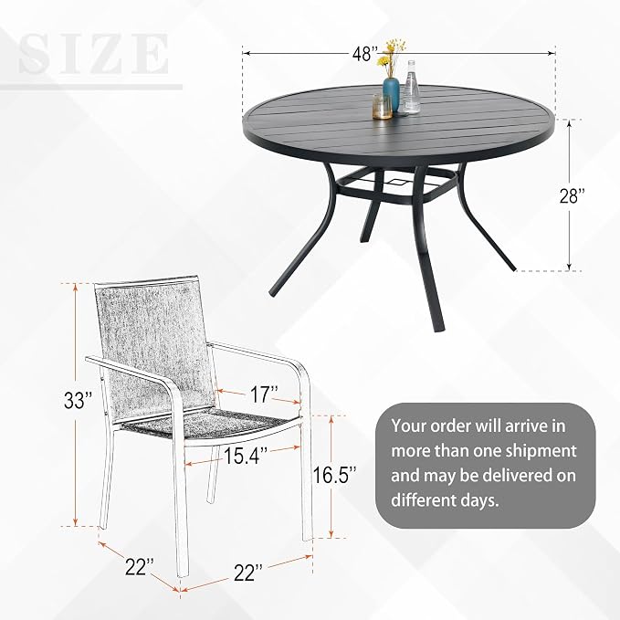 Anmutig 7 Piece Patio Dining Set 48 Inch Round Table Stackable Chairs Red | Powder-Coated Steel Frame, Quick-Dry Textilene Mesh, Dual-Size Umbrella Hole, Weather Resistant, Patio, Garden, Backyard