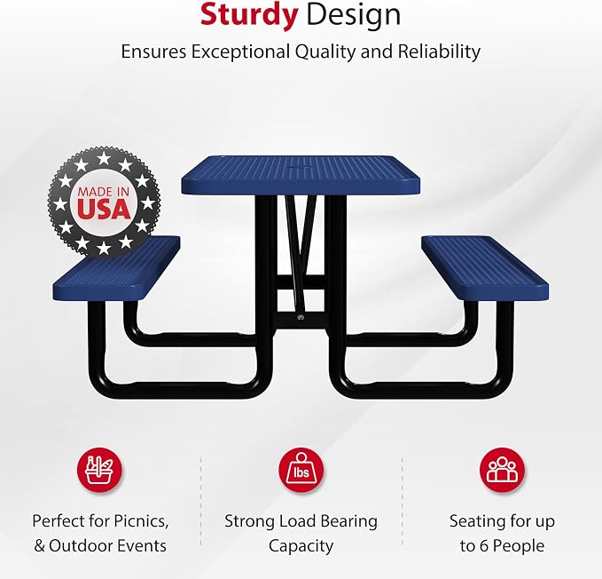 Leisure Craft Metal Picnic Table with Bench - 6 ft Rectangle Outdoor Dining Table for 6, Umbrella Hole, Weatherproof Heavy Duty Thermoplastic Coating, Commercial Grade Furniture Made in USA - Navy