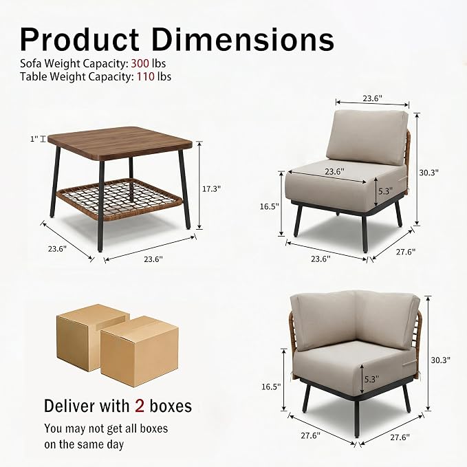 6-Piece Patio Conversation Set, Outdoor Sectional Sofa Modular Wicker Furniture with Thick Cushions & Wood Grain Coffee Table, Patio Furniture for Backyard Porch