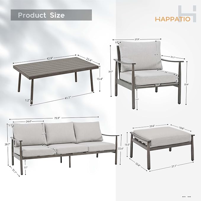HAPPATIO Patio Outdoor Furniture Set - 6 Pieces Aluminum Outdoor Conversation Set with 1 Three-Seater Sofa, 1 Coffee Table, 2 Armchairs, and 2 Ottomans for Yard, Porch, and Deck (Grey)