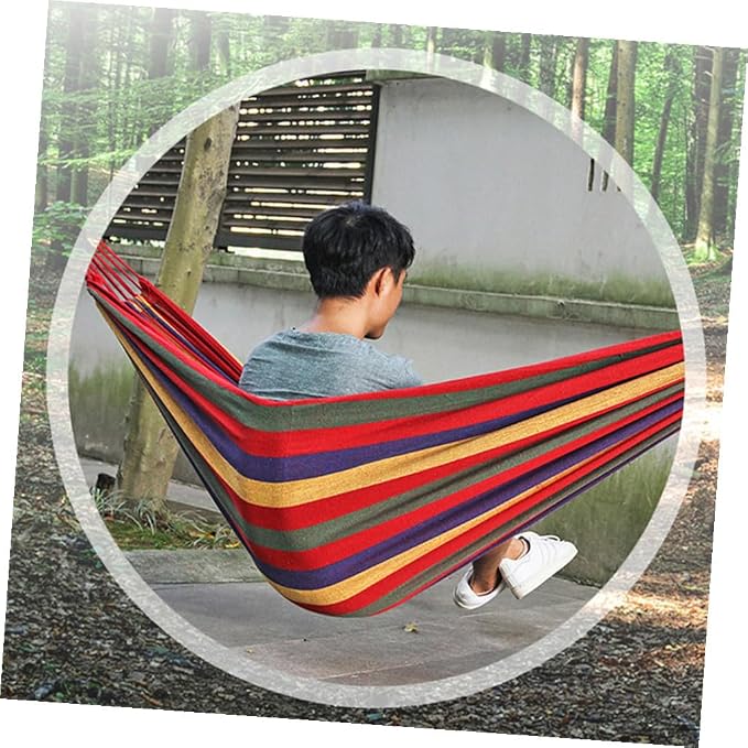 Portable Canvas Hammock for Outdoor Camping Striped Swing Hammock Chair Tree Straps Lightweight Hanging Bed for Backyard and Garden