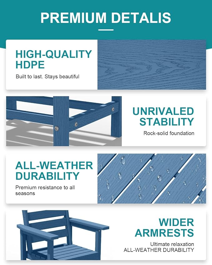 PLUUV 66" Outdoor Dining Table, All-Weather HDPE Rectangular Patio Table with 2” Umbrella Hole, Weatherproof, Navy Blue