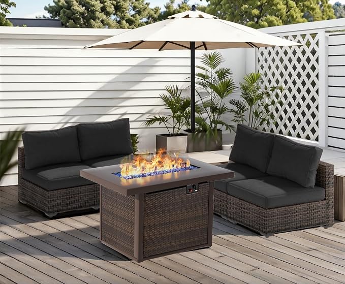 Patio Furniture Set Fire Pit Table 9 Piece All Weather PE Rattan Outdoor Sectional Sofa Couch with 8 x armless Sofa, No-Slip Cushions for Garden, Poolside, Backyard (Black)