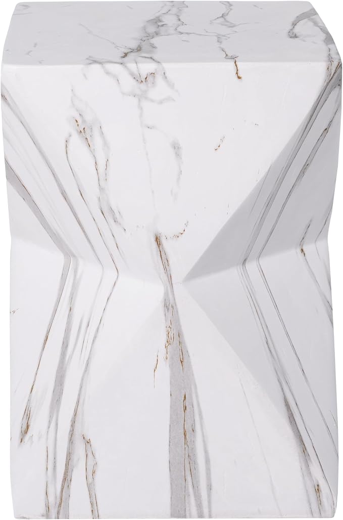Outdoor Side Table Faux Marble Square Side Table Hourglass End Tables Small Coffee Tables for Patio Garden Stool for Porch, Backyard Balcony,12.2",Weather Resistant, White & Grey
