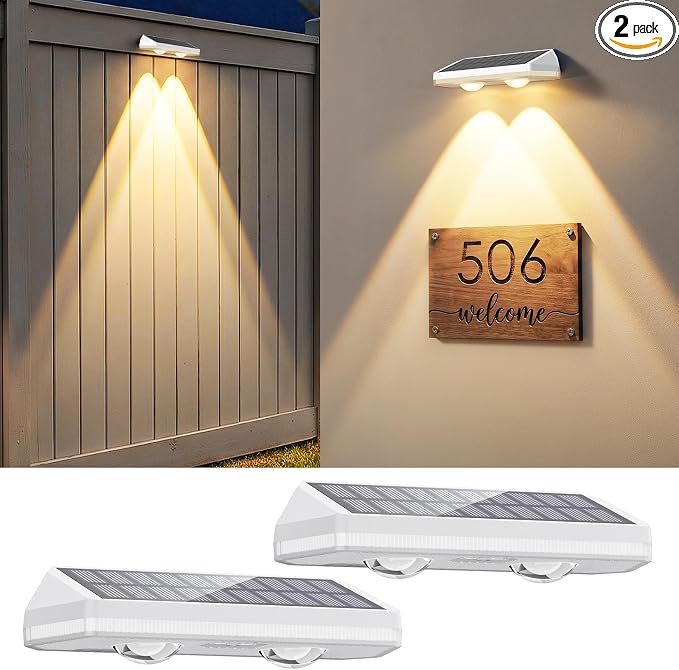 Solar Fence Lights Outdoor ,3000/4500/6000K 13 Mode, 2 Pack Fence Lights Solar Powered with Ultra-Bright Lens IP65 Waterproof,Solar Wall Light for Backyard/Step/Patio/Deck/Stair/Railings(White)