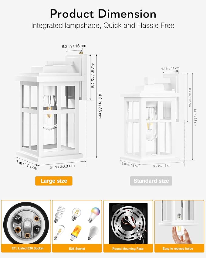 Large White Outdoor Wall Lights, Dusk to Dawn Exterior Lighting Fixtures, Waterproof Outside Lights for House, Garage, Garden, Entryway, Doorway, Anti-Rust, Modern Style, Tempered Glass