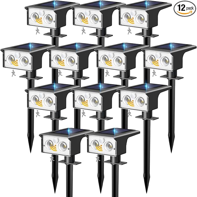 btfarm12 Pack Solar Lights Outdoor Waterproof, Motion Sensor Outdoor Lights | 3 Modes Solar Powered Yard Garden Solar Spot Lights for Outside Pathway Landscape Lighting, Cool White