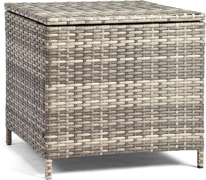 Wicker Rattan Side Table, Outdoor Wicker Storage Side Table, Patio Grey PE Rattan End Table with Storage, Square Container for Furniture Covers, and Gardening Tools,Grey