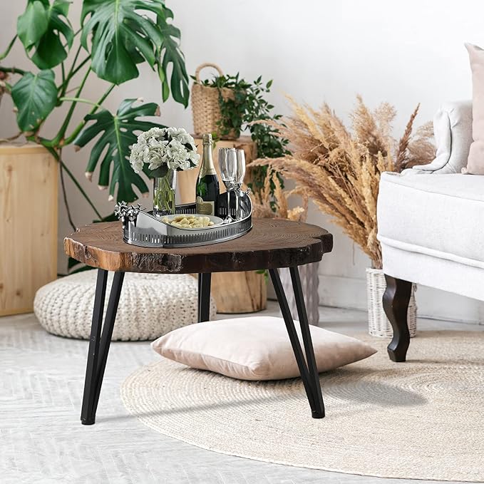 HOMPUS Small Coffee Table, MgO & Concrete Outdoor Side Table with Wood Grain Finish, Round End Table with Artificial Imitated Tree Ring Pattern Table Top for Outdoor Indoor Use, Patio, Garden