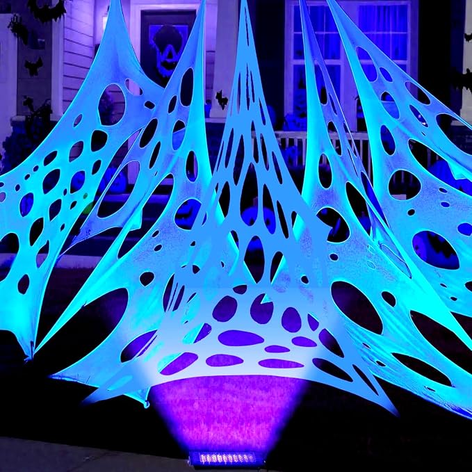 Glow in The Dark White 1000 Sqft Uncut Giant Spider Web Halloween Decorations Outdoor with 1 Black Light &10 Ground Nails Stretchy Beef Cloth Netting DIY Flexible Elastic for Yard Party Decor