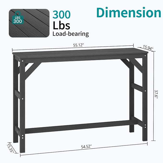 HIPS Outdoor Patio Bar Table, All Weather HIPS Table for Outside, 55" Rectangular High Top Table for Poolside, Patio, Balcony, Deck (Black, Bar Table)