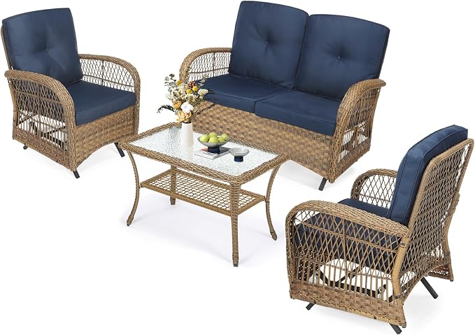 MEETWARM 4-Piece Outdoor Patio Conversation Set with Glider Loveseat, 2 Chairs, Glass-Top Coffee Table, Rocking Glider, Thickened Cushions, Navy Blue