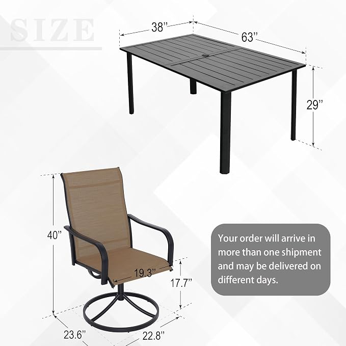 Anmutig 7-Piece Outdoor Patio Dining Set with 6 Swivel Chairs, Outdoor Furniture Steel Frame Slat Rectangular Table with 1.57" Umbrella Hole for Backyard, Brown