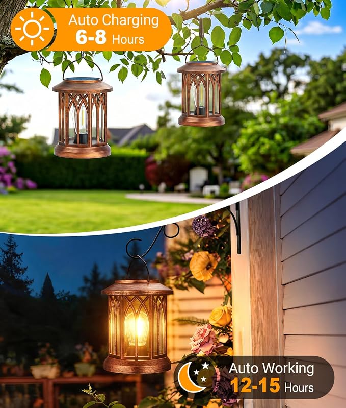 Solar Lanterns Outdoor Waterproof 6 Pack, Upgraded Solar Lantern Outdoor Lights with Metal Hooks Kit, Hanging Solar Lights for Outside Decorative Patio Yard Path Porch Garden Decor(Copper)
