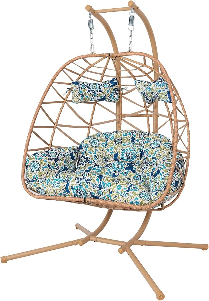 Double Egg-Shaped Hammock Chair, Swing Egg Chair, Wicker Hanging Chair with Removable Washable Cushion