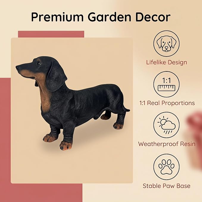 26.38" Black & Tan Dachshund Statue | Realistic Resin Dog Garden Decor, Outdoor Gardens, Sturdy Base