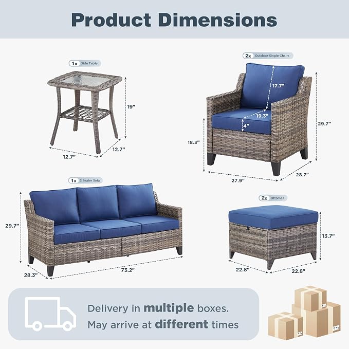 Belord Patio Chairs Set of 2 with 3-Seater Sofa, Outdoor Rattan Chairs for Deck Porch Garden, 6 Piece Luxury Patio Furniture Set, Blue