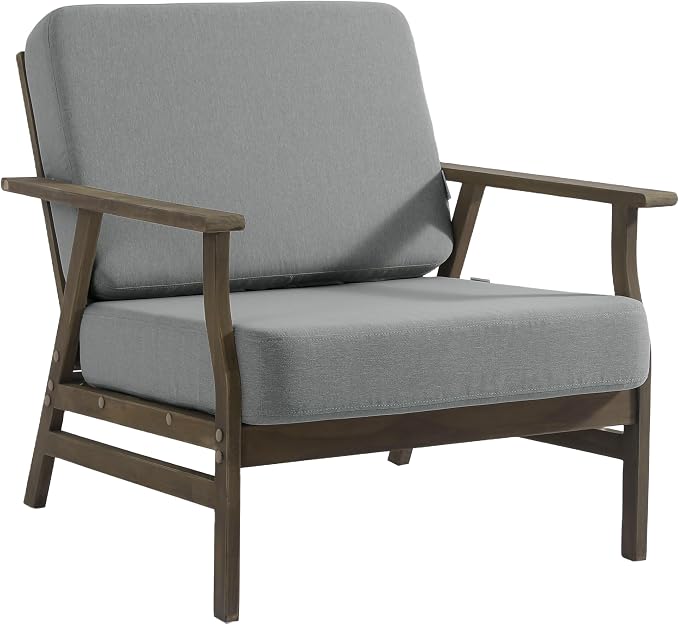 3 Piece Wood Patio Chair Outdoor Bistro Set, Outdoor Armchair All Weather Patio Sofa Furniture Backyard Conversation Sets with Wooden Side Table, Gray