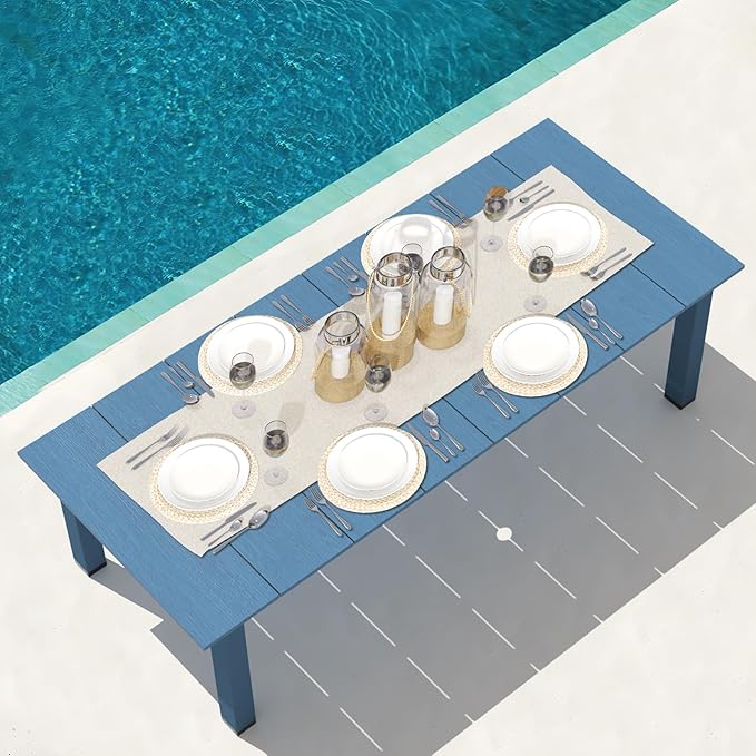 LOUNZY 75.2" HDPE Rectangle Outdoor Dining Table for 8, Oversized Patio Dining Table w/ 2" Umbrella Hole,Navy
