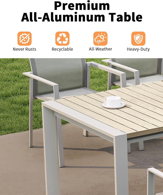 Extendable Outdoor Dining Table for 6-10 Person, 85"-107" Oversized Rectangular Patio Dining Table, Never-Rust Aluminum Expandable Dining Table with Wood Grain Tabletop for Deck, Garden, Porch