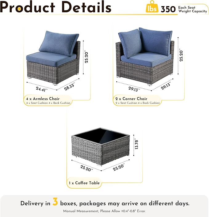 Weaxty 7 Pieces Outdoor Patio Furniture Set,Wicker Sectional Sofa Couch with Thicken Cushion and Glass Coffee Table,All Weather Rattan Patio Conversation Sets for Porch,Poolside,Backyard,Denim Blue