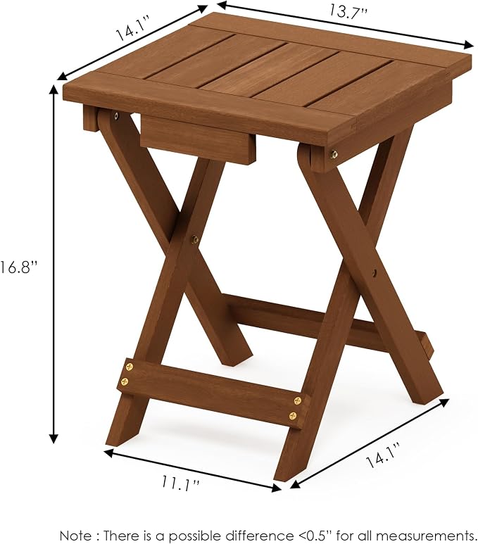 Furinno TIOMAN Folding Outdoor Side Table, Wooden Patio End Table for Garden, Porch, Balcony, Teak Oil, Light Wood