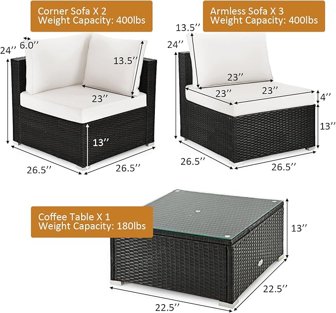 Tangkula 6 Pieces Patio Furniture Set, Outdoor Wicker Conversation Set with Glass Coffee Table, Wicker Sofa Set with Back & Seat Cushions, Rattan Sectional Conversation Set for Backyard Garden