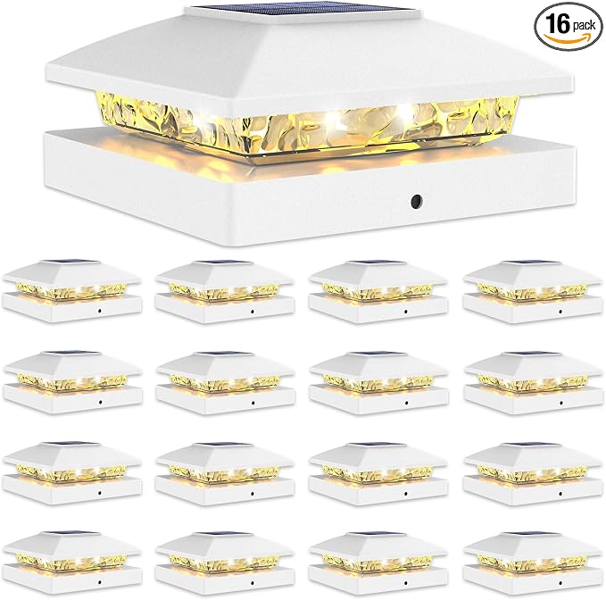VOLISUN 4x4 Solar Cap Lights 16-Pack, Outdoor Waterproof for Wooden/Vinyl Posts, White Deck Lights Solar Powered, Warm White for Garden/Patio/Porch