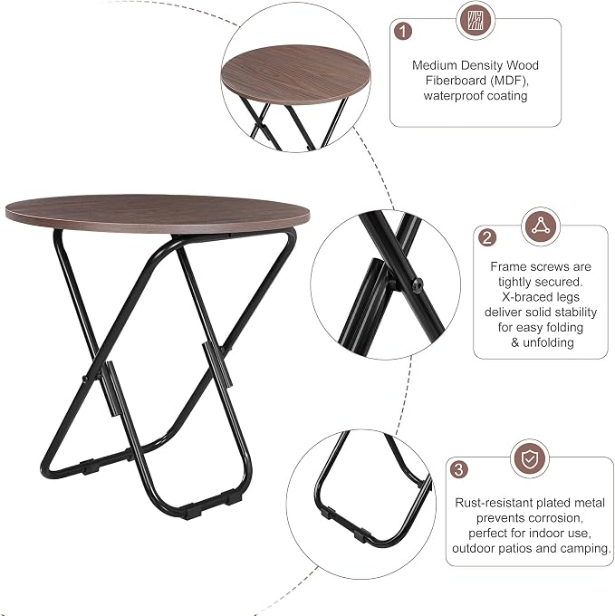 VECELO Patio Outdoor Side Table,17.7 inch Small Folding Table Round Waterproof Wood Table, Foldable Anti-Rust Metal Legs Snack Desk for Garden Balcony,Yard,Living Room