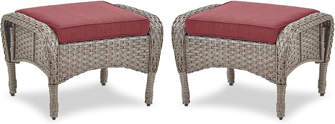 Belord Outdoor Ottomans for Patio Foot Rest - 25 Inch PE Wicker Foot Stool Set of 2 with Removable Cushions for Patio Furniture Sets,All Weather Rattan Ottoman for Balcony Deck Gray/Red