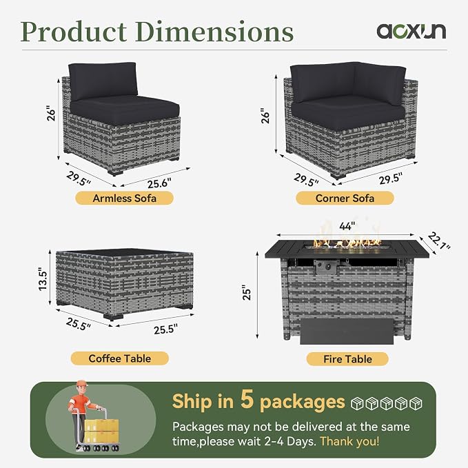 Aoxun 15 Piece Patio Furniture Set with Fire Pit Table Wicker Rattan Outdoor Sectional Sofa Set with Coffee Table and 4” Thickened Cushions, Grey/Black