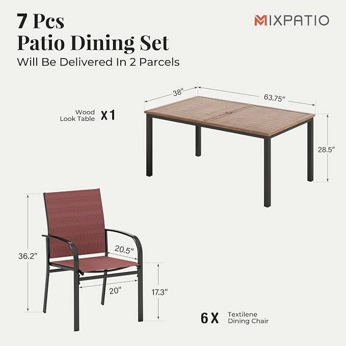 MIXPATIO 7 Pieces Patio Table and Chairs Set, Patio Dining Set for 6, 6 Textilene Chairs and 1 Wood-Like Rectangle Steel Table with Umbrella Hole, for Deck Backyard Lawn Poolside, Red